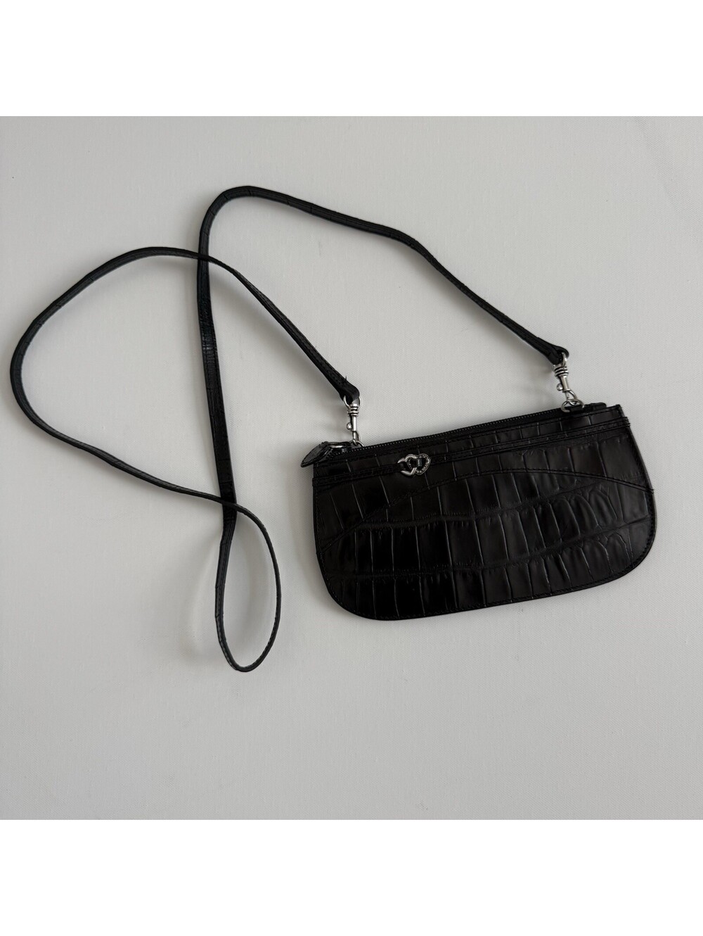 Brighton Black Croc Embossed Leather Crossbody Bag Heart Hardware Small